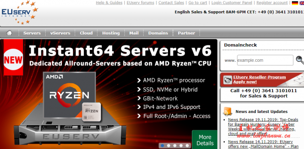 EUserv：免费/月/1GB内存/10GB空间/1TB流量/1Gbps端口/IPv6/KVM/德国-主机阁