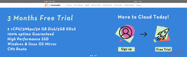 OnlineNIC：免费3个月/2核/2GB内存/50GB SSD空间/不限流量/3Mbps端口/DDOS/KVM/香港CN2-主机阁