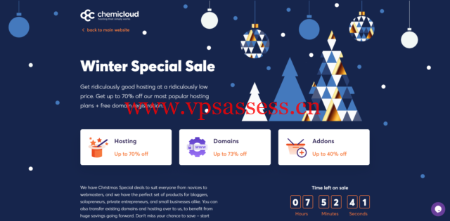 ChemiCloud：冬季促销，虚拟主机$2.99/月起，经销商主机享受70% 折扣，$2.99/月起，Cloud VPS首月50%折扣