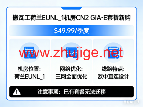 搬瓦工：荷兰EUNL_1机房开放CN2 GIA-E 套餐新购，$49.99/季度，已有套餐无法迁移，更全面的三网优化/专为欧中直连设计-主机阁